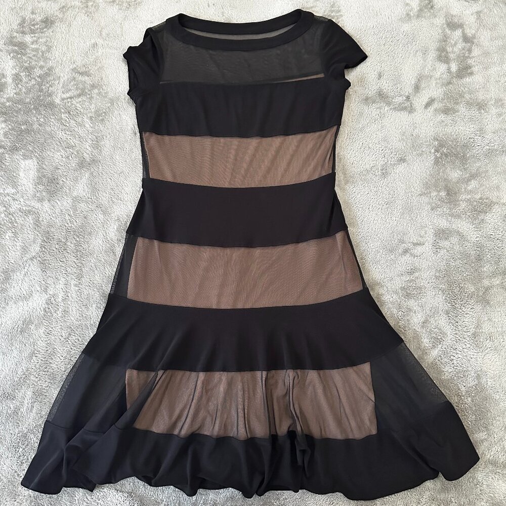 Joseph Ribkoff Dress 8 Black Nude Mesh Fit and Flare Boat Neck Short Sleeve